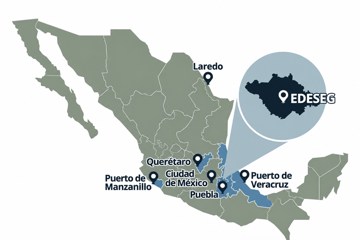 Mapa de México con la ubicación de EDESEG en Tlaxcala y su conectividad con Puebla, Ciudad de México, Querétaro, Puerto de Veracruz, Puerto de Manzanillo y Laredo